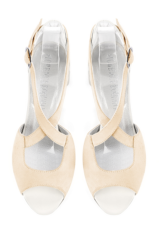 Champagne beige and off white women's closed back sandals, with crossed straps. Round toe. Low flare heels. Top view - Florence KOOIJMAN